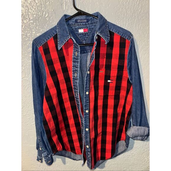 Tommy Hilfiger Tops - Vintage 90s Tommy Hilfiger Patchwork Denim Buffalo Plaid Button Down Shirt